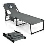 Giantex Beach Chaise Lounge Chair, Patio Folding Recliner with Face Cavity Hole, Detachable Pillow, Arm Slots, Storage Pouch, Portable Tanning Chair for Poolside Adjustable Sunbathing Chair(1, Gray)