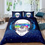 Erosebridal Boys Headset Skull Bedding Set, Music Skull Comforter Cover Full Size, Punk Rock Gothic Skull Theme Home Decor Duvet Cover, Modern Kid Teen Boy Man Bedspread for Bedroom