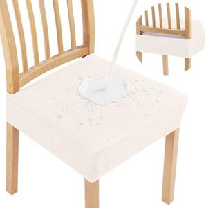 Smiry Waterproof Seat Covers for Dining Room Chairs Set of 8, Stretch Jacquard Removable Washable Chair Seat Slipcovers Protector, No Rear Covers, Ivory