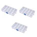 3 Pack 15 Cell Clear Plastic Storage Organiser Compartment Craft Bead Box Case Nail Art Gem Bits Small Screws Seperator Split Shot Unit Box Watch Screws Divider Custom Changeable Section Sectioned