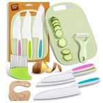 Auidy_6TXD 7pcs Kids Safety Kitchen Knives, Children Cooking Knives Set, Wooden Kids Knife/Crinkle Cutter/Cutting Board/Y-Peeler for Vegetables, Fruits, Cake