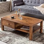 OGNIJA Sheesham Wood Mid-Century Modern Rectangular Coffee Table, 100x50x40 cm, Natural Finish, with Drawer and Shelf