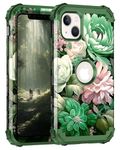 LONTECT for iPhone 13 Case Shockproof 3 in 1 Heavy Duty Rugged Protective Cover Hard Plastic Bumper +Soft Silicone Rubber Case for Apple iPhone 13 6.1 inch,Green Flower