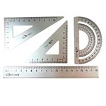 4 Pack Tools Steel Student Rulers Set Math Geometry Tool Ruler 2 Triangle Rulers 1 Protractor and 1 straight Ruler for Draftsman Students Engineers Design Examination Math Or Painting