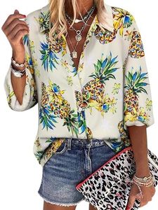 ZXZY Women Pineapple Printed Tropical Shirts Lapel Collar Half Sleeves Buttons Down Blouse Hawaiian Tops