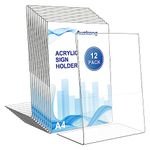 12 Pack A4 Sign Holders, Auzkong Acrylic Slant Sign Holders, Clear Plastic Display Stand, Acrylic Paper Signs Holder Photo Frame for Restaurants Hotels Menu Stores Office (A4-12 Pack)