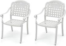 TANGZON Cast Aluminum Garden Chairs, Set of 2 Stackable Armchairs with Armrests & Elegant Pattern, All-weather Dining Chairs Set for Patio Poolside Backyard (Grid Pattern, White)