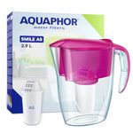 AQUAPHOR Smile Water Filter Jug - 2.9L, Fits Fridge Doors, Lightweight, Space-saving, Includes 1 x A5 350L Filter, Reduces Limescale, Chlorine, Microplastics - Cyclamen Pink