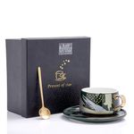 JustBrew Tea Cup Set Of 1, Green | Ceramic Made Cup, Spoon & Saucer With Gold Coated Stirrer | Long Tail Stirrer/Spoon For Quick Tea Infusion | Premium Festive Gifting Set 200Ml