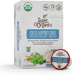 Super Organics Focus Support Coffee Brew Cups With Superfoods & Probiotics, Adaptogens, Medium Roast, USDA Certified, Vegan, Non-GMO, 10 count