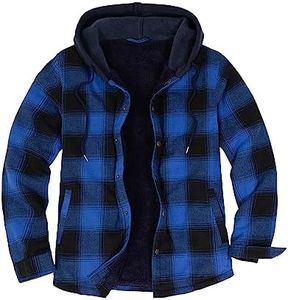 ZENTHACE Men's Sherpa Fleece Lined Flannel Shirt Jacket Long Sleeve Snap Button Down Plaid Jackets Shacket with Hood Blue S