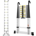 Telescopic Ladder 3.8M/12.5FT Aluminium Extension Loft Ladder with Stabilizer Bar and Detachable Hooks, Multi Purpose Extendable Portable Ladders, 13 Steps
