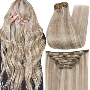 Full Shine Clip in Hair Extensions Human Hair Extensions for Women 20 Inch Silky Straight Hair Clip in Extensions Color 18 Highlighted 613 Yellow Blonde 120 Grams 7 Pieces