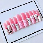 FADOORA Handmade French Press On Nails Extra Long Nail Press Ons False Fake Nails Hello Kitty Design for Prom Birthday Party Salon Quality Reusable 10PCS M Size