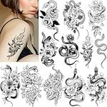 Tazimi Snake Temporary Tattoos 12 Sheets 3D Black Realistic Snake Rose Floral Tattoos Stickers Large Sexy Flower Serpent Fake Tattoo Stickers Body Art Decorations