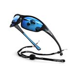 yoofun Polarized Sports Sunglasses for Men Driving Cycling Fishing Sun Glasses 100% UV Protection with Glasses Rope Strap, Black&Gun/Blue