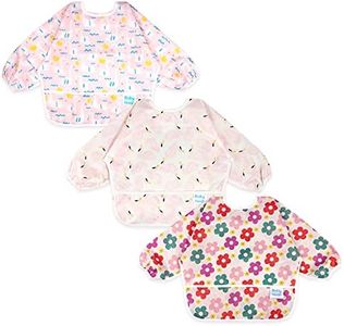3 Pcs Long Sleeved Bib Set | Baby Waterproof Bibs with Pocket Bundle | Toddler Bib with Sleeves and Crumb Catcher | Stain and Odor Resistance Play Smock Apron - Pack of 3 | 6-24 Months