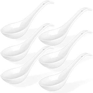 Wareland 6.75 inch Asian Soup Spoons, Ultra-fine Ceramic Chinese Soup Spoons Set of 6, Bright White Japanese Spoons for Ramen Pho Wonton Dumpling Miso Cereal, Deep Oval Hook Design, Dishwasher Safe