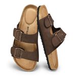 mysoft Womens Flat Sandals Cork Footbed Slides 2 Straps Adjustable Buckle Slip On Summer with +Comfort Shoes, Brown, 5