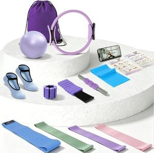 EgoNova Pilates Kit for Women, 13-Piece Home Workout Set with 14-Inch Ring, Mini Ball, Adjustable 2 lb Ankle/Wrist Weights, Multiple Resistance Bands for Full-Body Training, Beginner Friendly