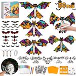 50PCS Halloween Craft Kit for Kids, DIY Painting Wind Up Bats Toy, Make Your Own Magic Flying Bats, 3D Bats Wall Decorations Scary Sticker, Surprise Prank Joke Rubber Band Toy, Home Window Door Deco