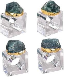 AMOYSTONE Crystal Napkin Rings Square Set of 4 Green Napkin Holder Decorative Glass Base, Irregular Fluorite with Golden Edges 2.5"