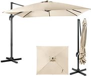 COSTWAY 3m Garden Cantilever Parasol, 3 Positions Adjustable Square Overhanging Umbrella with Cross Base, Crank Handle & Foot Pedal, 360° Rotation Outdoor Patio Offset Market Umbrellas (Beige)