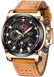 LIGE Men's Fashion Sport Quartz Watch with Brown Leather Strap Chronograph Waterproof Auto Date Analog Black Men Wrist Watches