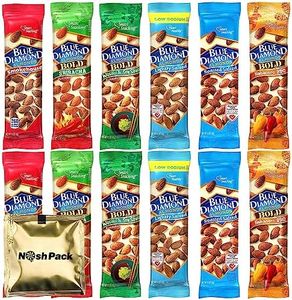 Blue Diamond Almonds Individual Packs - 12 Pack 1.5 Oz Almond Nuts Snack, 2 of each Flavor, Roasted Salted, Lightly Salted, Smokehouse, Sriracha, Habanero BBQ, Wasabi with Nosh Pack Mints