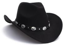 Black Cowboy Cowgirl Hat for Women Men Western Style Wide Brim Felt Fedora Panama Hat with Detachable Belt Buckle