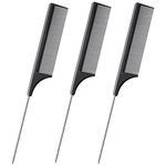 JANYUN 3 Pcs Rat Tail Combs Salon Hairdressing Comb with Stainless Steel Handle, Fine Tooth Combs for Women, Barber (Black)