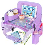 MENZOKE Kids Travel Tray, Car Seat Tray for Kids Travel, Car Seat Activity Trays with Educational Drawing Board，Tablet Holder & Cooler Cup Holder, Holiday Gifts for Kids Car Trip, Purple