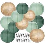 YUNXUAN Paper Lanterns Decorative, Sage Green Forest Green Tan Hanging Paper Lanterns with Lights for Rustic Party Sage Green Birthday Party 12 LED Light Round Chinese Lanterns 12" 10" Pack of 12