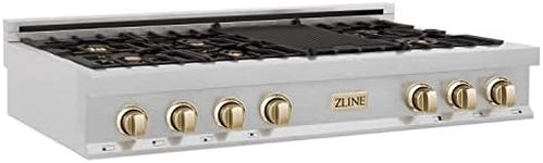 ZLINE Autograph Edition 48" Porcelain Rangetop with 7 Gas Burners in Fingerprint Resistant Stainless Steel and Gold Accents (RTSZ-48-G)