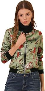 Allegra K Women's Stand Collar Zip Up Floral Prints Bomber Jacket Light Green Small