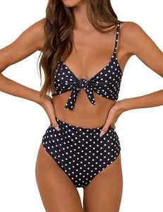 Honlyps Womens Two Piece High Waisted Bikini Sets Sexy High Cut Swimsuit Tie Knot V Neck Bathing Suit Tummy Control Swimwear, Black Dots, Large