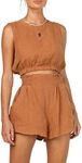 AUTOMET Women's Summer 2 Piece Outfits Shorts Sets Sleeveless Round Neck Crop Top Tank and High Waisted Shorts with Pockets LightBrown M