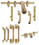 Chitra Carving Series Brass Heavy Double Door Fitting Accessories Full Set/Kit (1 Aldrop, 1 Latch, 4 Handles, 2 Tower Bolt and 2 Door Stopper) (12 Inch, Matt Brush Golden Copper)