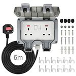 Outdoor Socket with 6m Extension Lead, Outdoor Double Plug Sockets Waterproof IP66, Weatherproof Outdoor Plug Sockets, Exterior Wall Garden 2 Gang Storm Switched Socket Outside Power Socket