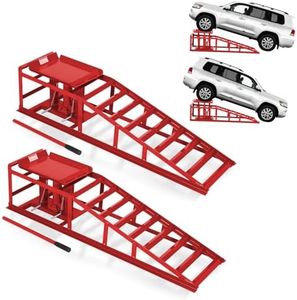 GarveeTech Hydraulic Car Ramps 2-Pack, 11000Lbs Low Profile Portable Car Lift Ramp for Oil Change & Garage Repair, Heavy Duty Steel Ramps for Trucks/Low Cars (Red) (red, 5 ton)