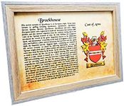 AGS-Designs YOUR FAMILY NAME AND COAT OF ARMS - ON BRUSHED GOLD METAL PLAQUE IN 2 TONE WOOD EFFECT FRAME - KEEPSAKE