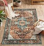 Moynesa Ultra-Thin Washable Vintage Area Rug - 3x5 Vintage Non-Slip Entryway Rug Oriental Medallion Living Room Rug Entrance Mat Carpet for Kitchen Laundry Bathroom Bedroom, Brick Red/Dull Teal