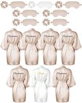Jecery 7 Pcs Bridesmaid Robe Sets Bride Silk Satin Robes Bridal Party Robes with Sleeping Eye Mask and Elastic Headband Sets, White, Champagne, One Size