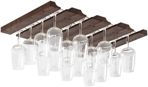 Rustic State Vigo 4 Sectional Adjustable Under Cabinet Stemware Rack - Hanging Wood Shelf Glassware Holder Bar Organizer with up to 12 Wine Glass Storage 12 Inch Deep - Chestnut