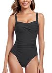 Joweechy Ruched Tummy Control One Piece Swimsuit Swimwear Retro Vintage Swimming Costume for Women Black