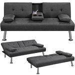 Yaheetech Modern Fabric Sofa Bed Convertible Futon with 2 Cup Holders Recliner Sleeper for Living Room/Spare Room/Guest Room, Dark Gray