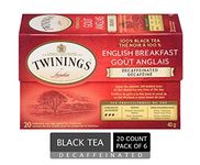 Twinings Decaf English Breakfast Individually Wrapped Tea Bags | Decaffeinated Black Tea | Smooth, Flavourful, Robust | 20 Count (Pack of 6) | Enjoy Hot or Iced