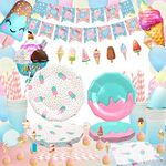 Ice Cream Party Supplies Set - Sweet Summer Party Decorations for Girls boys Birthday Banner Balloons Tablecloth Three Type Plates Cups Napkins Serves 24 Guests (B)