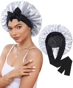 Satin Bonnet Silk Bonnet for Sleeping Silk Sleep Cap Double Layer Hair Bonnet with Elastic Tie Band for Curly Hair Night Cap(Black+Silver Gray)