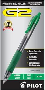 PILOT G2 Premium Gel Roller Pens, Green Ink Pens Fine Point, Pack of 12